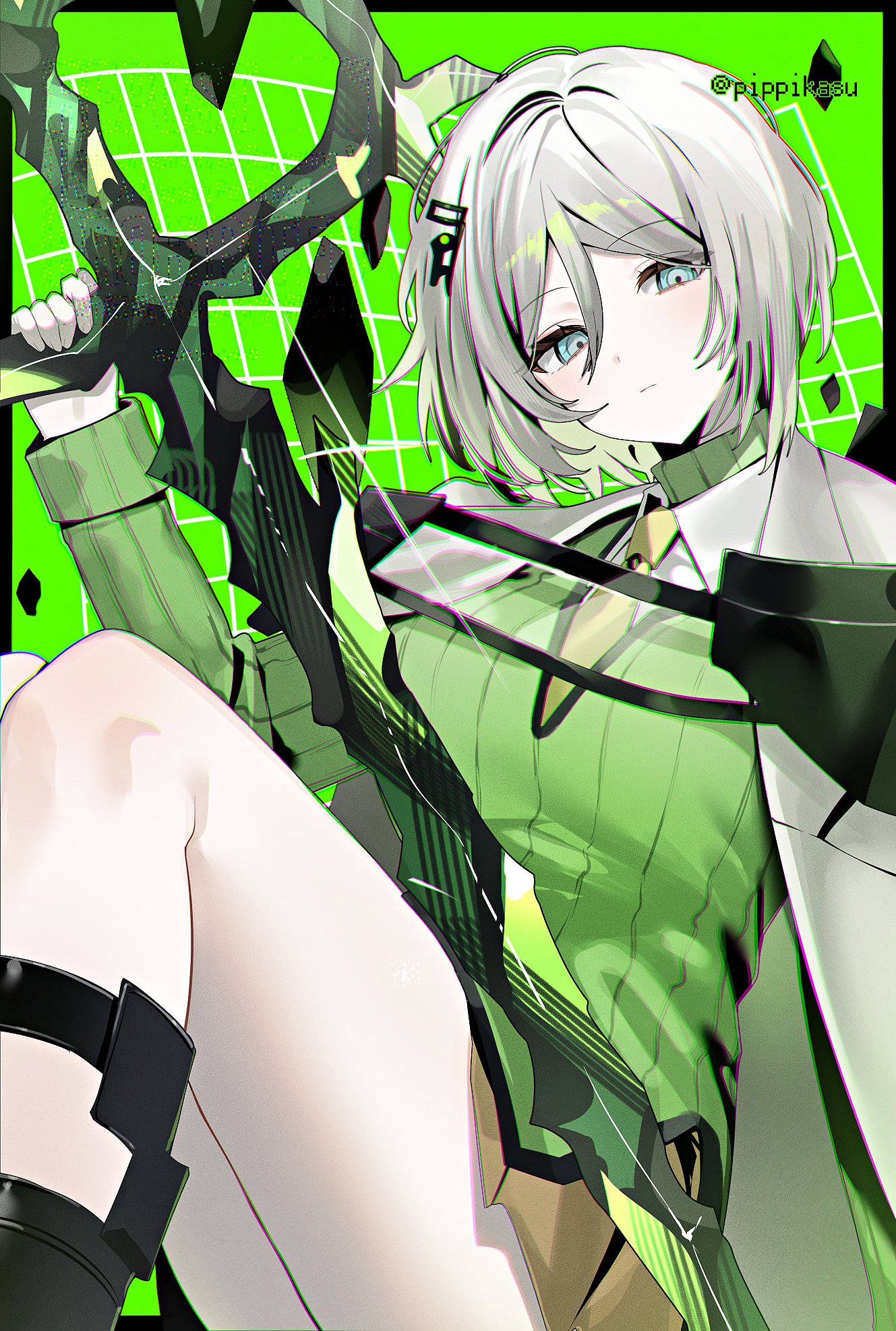 tori (pippikasu), faust (project moon), arknights, highres, 1girl, blue eyes, coat, coat on shoulders, collared shirt, command:meltdown (e.g.o), dress, green background, holding, holding weapon, looking at viewer, necktie, shirt, simple background, sitting, sweater, sweater dress, thighs, upper body, weapon, white coat, white hair, white shirt, yellow necktie