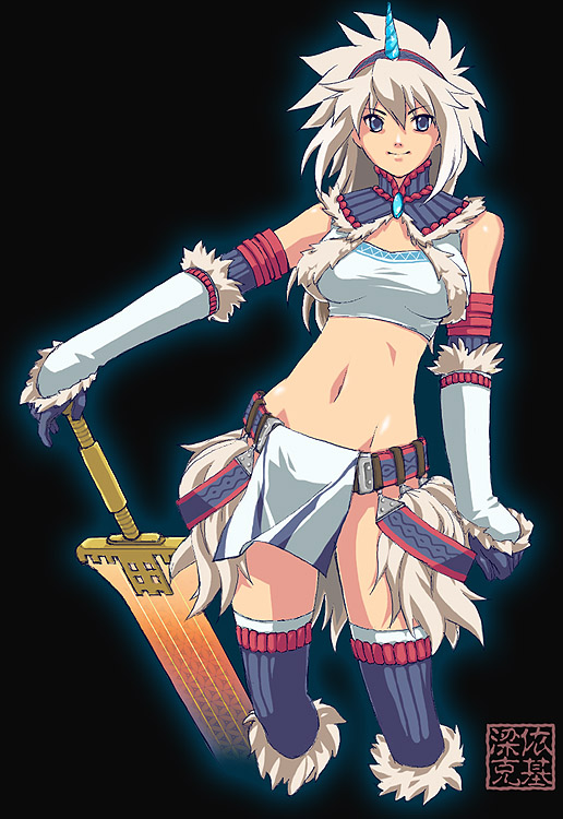 yanakatu, capcom, monster hunter (series), 1girl, blue eyes, female focus, gloves, horns, kirin (armor), midriff, single horn, solo, sword, thighhighs, weapon