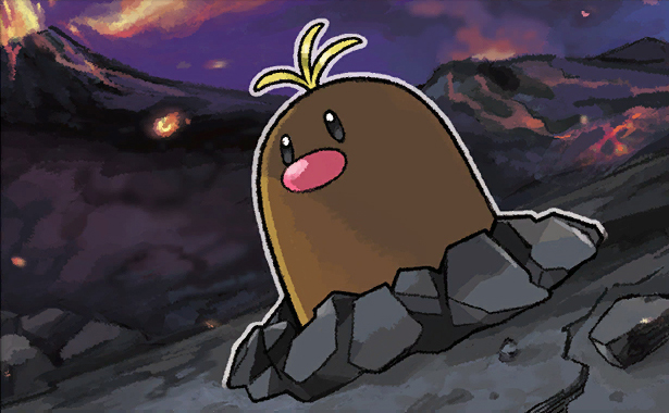 alolan diglett, nintendo, pokemon, commentary request, alolan form, crack, eruption, gen 7 pokemon, jacmaz, lava, no humans, outdoors, outline, pokemon (creature), pokemon focus, rock, smoke, solo, volcano, white outline