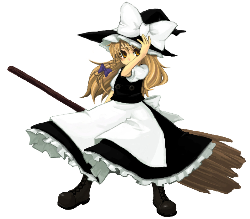 kou (garakuta teikoku), kirisame marisa, touhou, 1girl, apron, blonde hair, braid, broom, brown eyes, female focus, hat, holding, long hair, looking at viewer, looking back, puffy short sleeves, puffy sleeves, short sleeves, simple background, single braid, solo, standing, waist apron, white background, witch hat