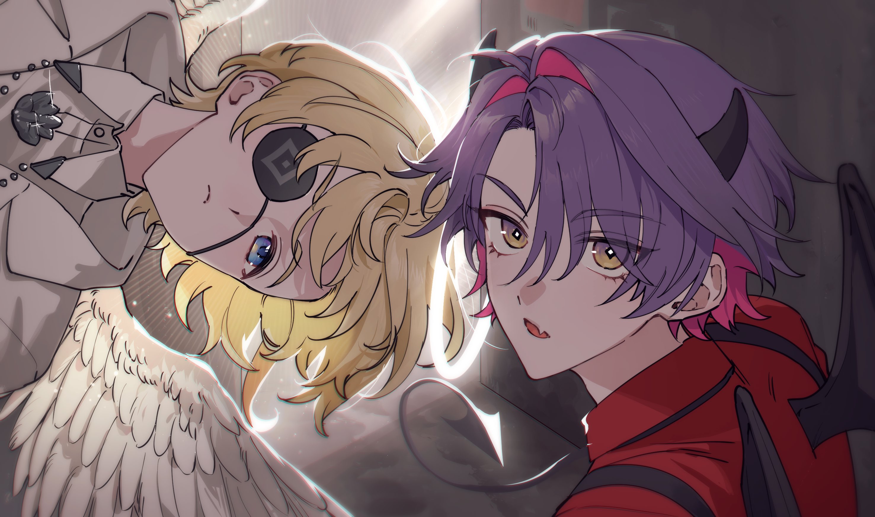 fura kanato, watarai hibari, nijisanji, highres, 2boys, angel and devil, angel wings, blonde hair, blue eyes, closed mouth, colored inner hair, demon boy, demon horns, demon tail, demon wings, eyepatch, hair between eyes, halo, horns, jewelry, looking at viewer, multicolored hair, multiple boys, necklace, piko (ppiioo 0902), pink hair, purple hair, red shirt, shirt, tail, traditional halo, two-tone hair, upper body, virtual youtuber, white shirt, wing collar, wings, yellow eyes
