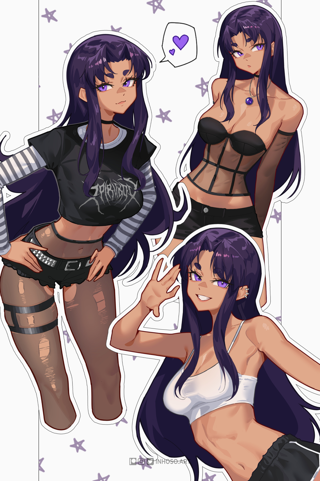 inhoso, blackfire, dc comics, teen titans, commentary, english commentary, highres, 1girl, armpits, arms behind back, artist name, bare arms, bare shoulders, belt, black bra, black choker, black shirt, black shorts, black straps, bra, breasts, choker, cleavage, collarbone, cropped shirt, curtained hair, detached sleeves, dot nose, ear piercing, feet out of frame, hand up, hands on own hips, heart, horizontal-striped sleeves, instagram logo, jewelry, large breasts, leaning, leaning forward, leaning to the side, long hair, long sidelocks, looking at viewer, looking to the side, midriff, midriff peek, multiple views, navel, necklace, outline, pantyhose, patreon logo, piercing, punk, purple eyes, purple hair, see-through clothes, see-through sleeves, shirt, short shorts, shorts, sidelocks, silver belt, simple background, smile, speech bubble, standing, star (symbol), stomach, strap, striped sleeves, teeth, thick eyebrows, thigh strap, torn clothes, torn pantyhose, twitter logo, underwear, white background, white bra, white outline