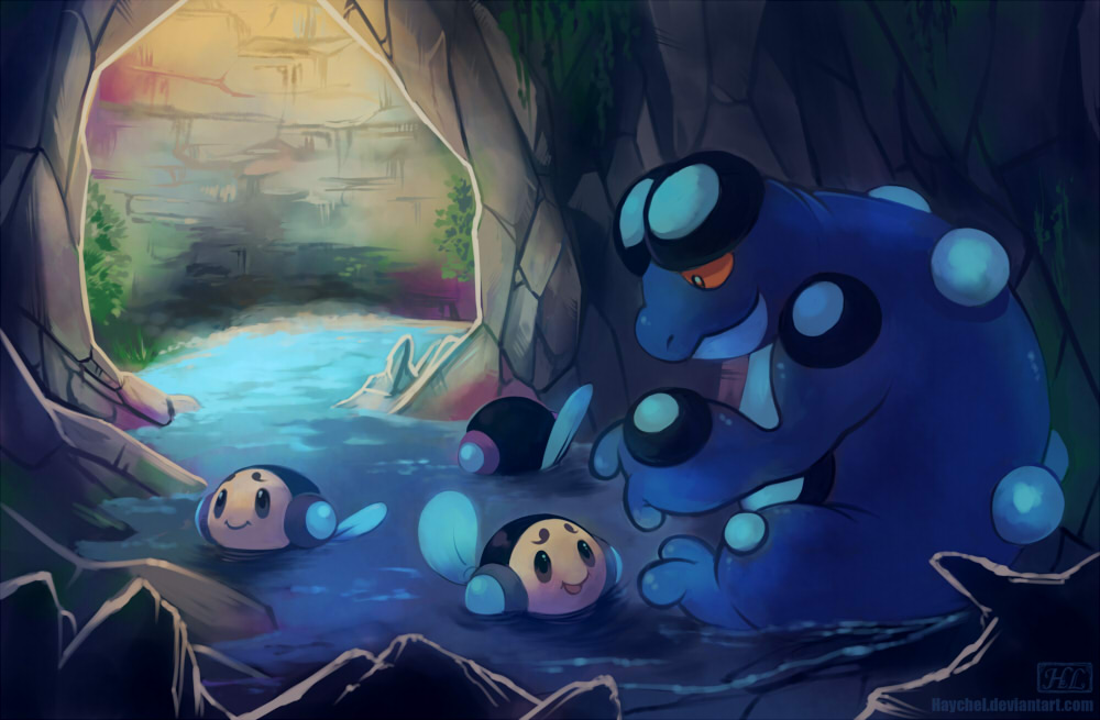 haychel, seismitoad, tympole, nintendo, pokemon, cave interior, closed mouth, deviantart username, gen 5 pokemon, no humans, open mouth, pokemon (creature), pokemon focus, sitting, smile, swimming, water, watermark, web address