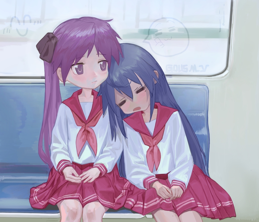hiiragi kagami, izumi konata, lucky star, 2girls, ahoge, artist name, black bow, blue hair, blush, bow, closed eyes, condensation, gous my, hair bow, head on another's shoulder, long hair, mole, mole under eye, multiple girls, neckerchief, open mouth, pink neckerchief, pleated skirt, purple eyes, purple hair, red sailor collar, red skirt, ryouou school uniform, sailor collar, school uniform, shirt, sitting, skirt, sleeping, train interior, twintails, white shirt, window fog
