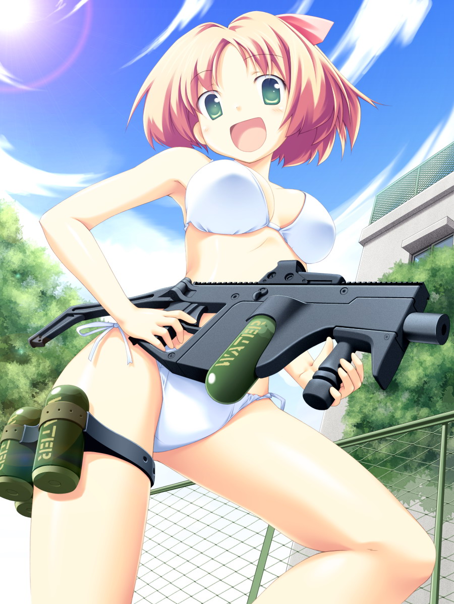 fue (tsuzuku), asase mari, volume7, 1girl, :d, bikini, day, female focus, green eyes, open mouth, short hair, side-tie bikini bottom, smile, solo, swimsuit, water gun, white bikini