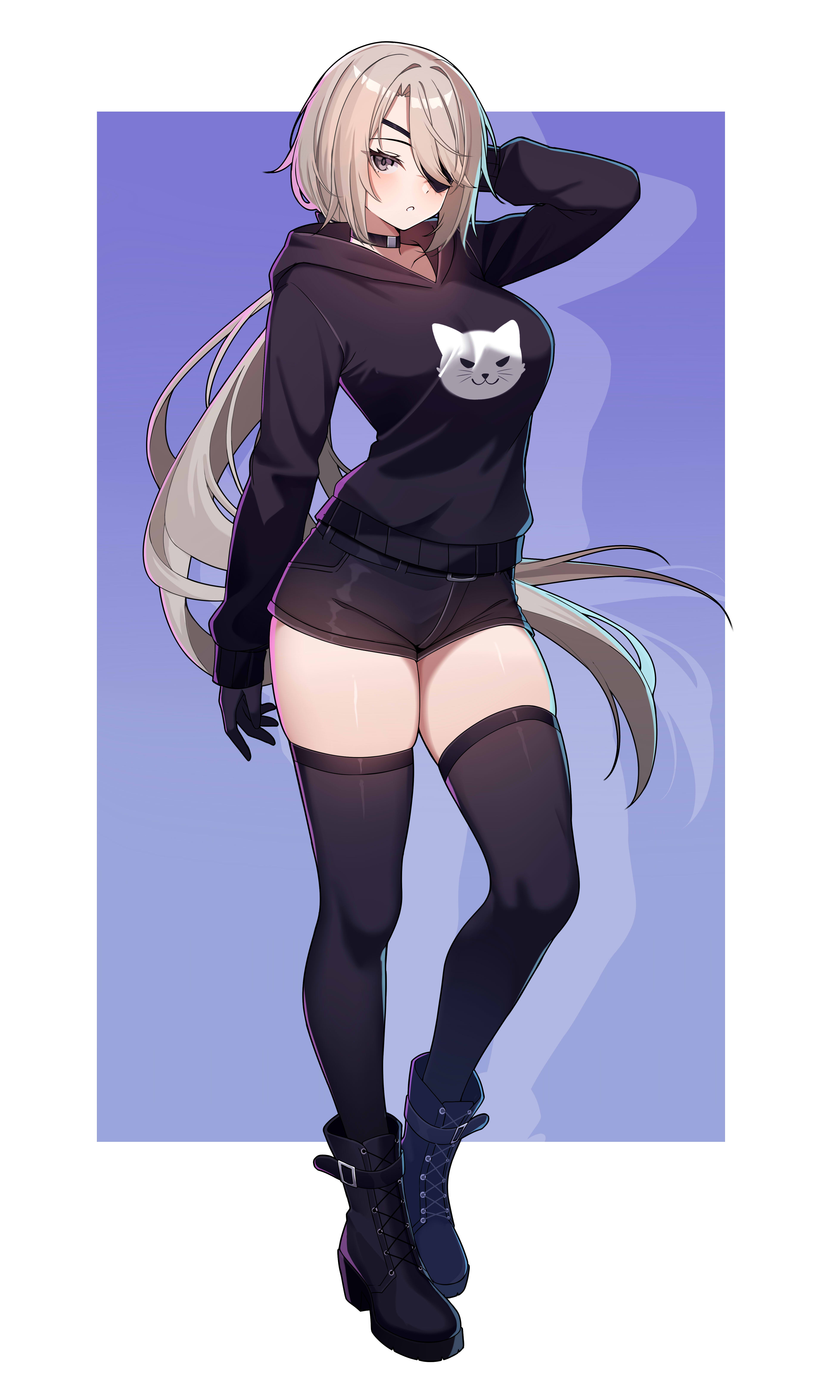 wayanfa, lydia macarthur, original, absurdres, commission, commissioner upload, highres, non-web source, 1girl, animal print, arm belt, belt, belt collar, blonde hair, boots, breasts, cat print, collar, eyelashes, eyepatch, gloves, grey eyes, hair over one eye, hair ribbon, hand in own hair, hood, hood down, hoodie, large breasts, long bangs, long hair, long sleeves, looking at viewer, muscular, muscular female, ponytail, ribbon, scar, shorts, simple background, solo, thighhighs, thighs