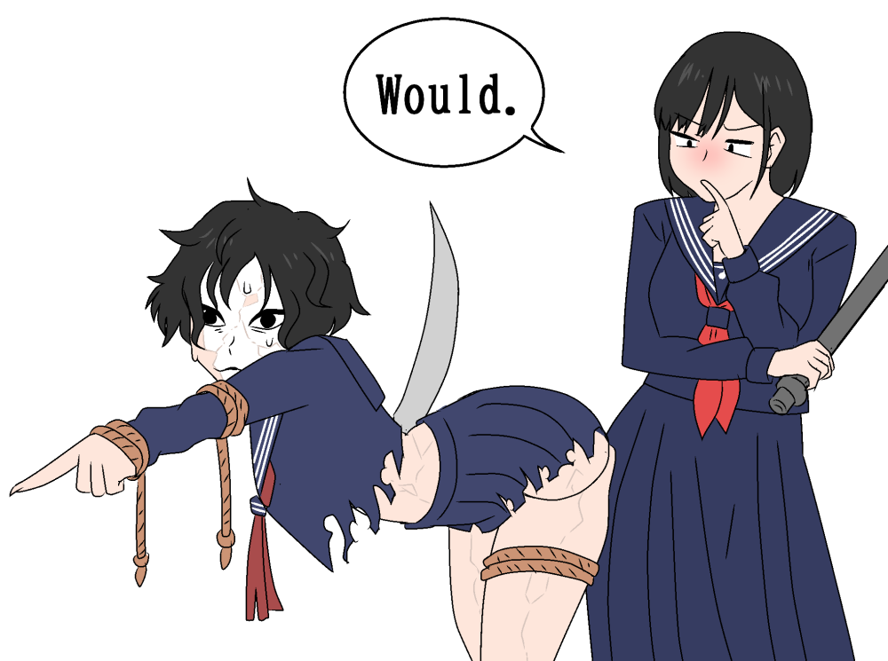 lagreko, ayakakashi, shimizu hinako, silent hill (series), silent hill f, black hair, black serafuku, black skirt, blush, doll joints, holding, holding lead pipe, joints, lead pipe, midriff, neckerchief, pleated skirt, red neckerchief, rope, sailor collar, school uniform, serafuku, simple background, skirt, sweat, torn clothes, torn skirt, yuri