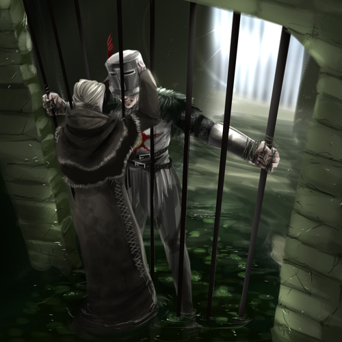 anastacia of astora, solaire of astora, dark souls (series), dark souls i, commentary request, lowres, 1boy, 1girl, blonde hair, dress, full body, gauntlets, grey dress, grey pants, helm, helmet, iron bars, long sleeves, ooshima (toddy), pants, plume, removing helmet, short hair, tunic, water, white tunic