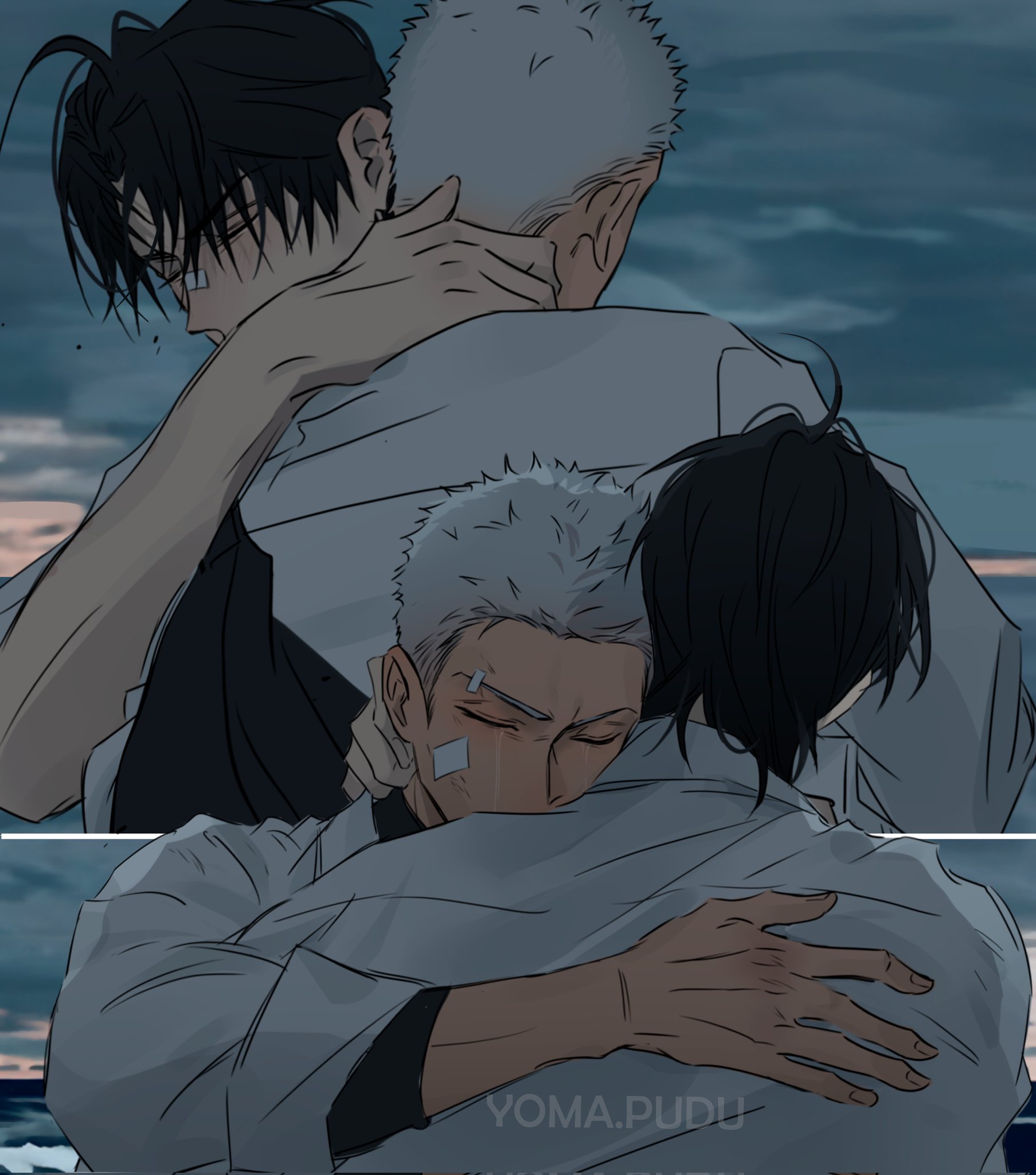 19 tian, commentary request, corrupted twitter file, highres, 2boys, artist name, black hair, closed eyes, collared shirt, crying, gauze, gauze on cheek, he cheng, hug, long sleeves, male focus, multiple boys, qiu (19 tian), shirt, short hair, spanish commentary, tears, white hair, yaoi, yomapudu