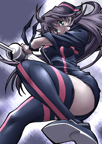 rakko (r2), original, striped, lowres, 1girl, female focus, green eyes, grey hair, long hair, ribbon, smile, solo, syringe, thighhighs, zettai ryouiki