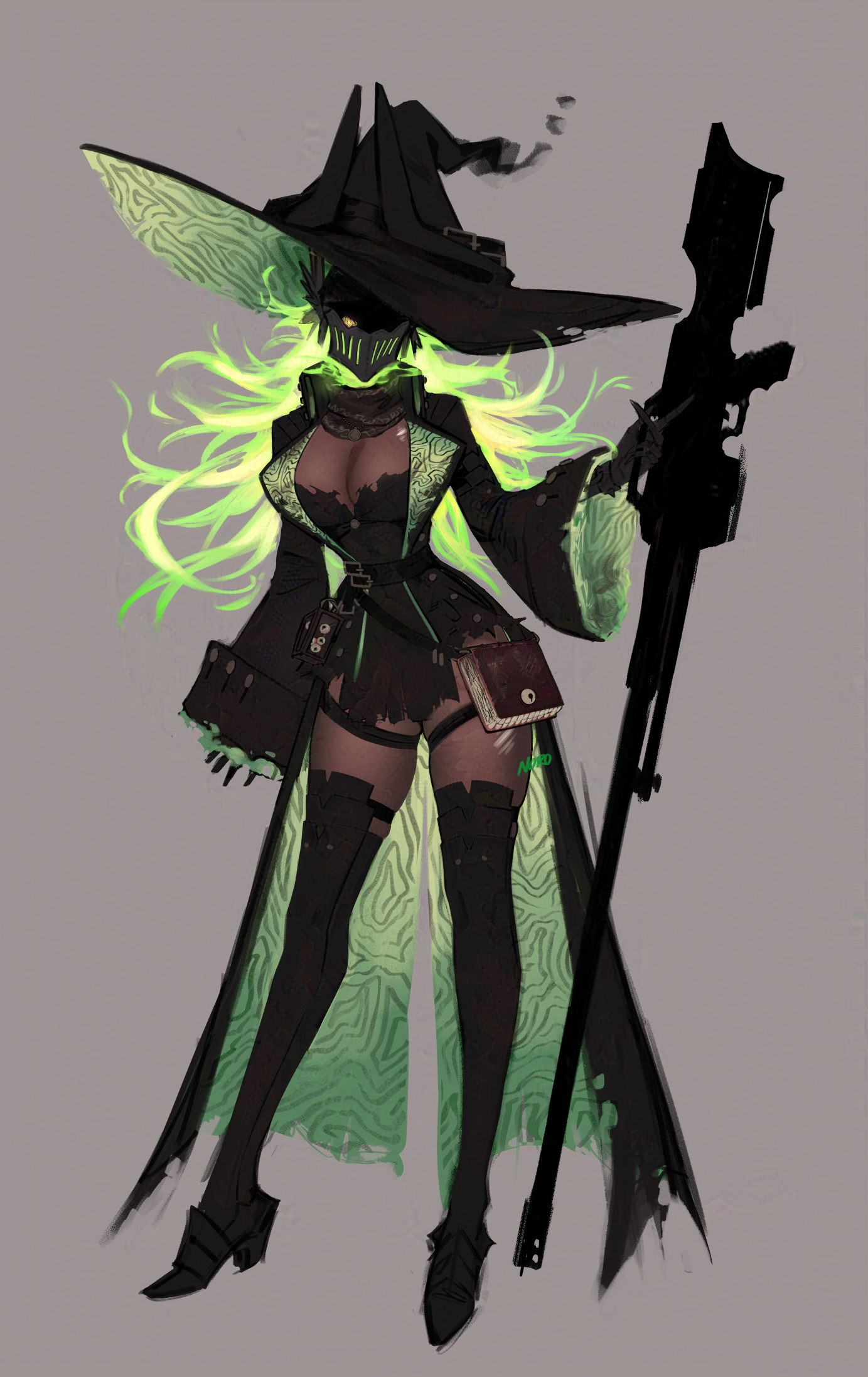 n0r0, original, commentary, highres, 1girl, belt, black gloves, black thighhighs, breasts, cleavage, dullahan, floating hair, full body, gloves, glowing, glowing hair, green hair, grey background, gun, hat, headless, helmet, holding, holding gun, holding weapon, horned hat, large breasts, long hair, long sleeves, standing, thigh strap, thighhighs, weapon, witch, witch hat