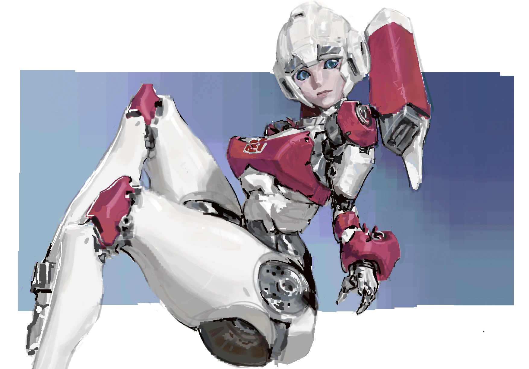 guideoflothric1, arcee, transformers, transformers: generation 1, highres, 1girl, autobot, blue eyes, breasts, looking at viewer, mecha, robot, robot girl, science fiction, simple background, smile, solo
