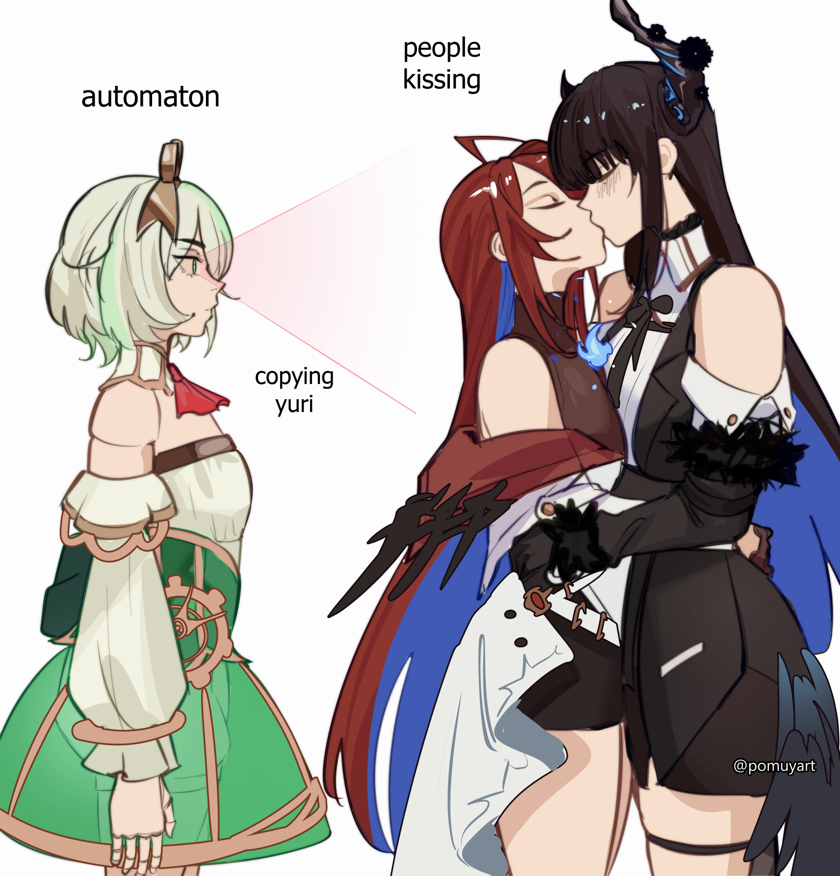 pomuya, cecilia immergreen, cecilia immergreen (1st costume), elizabeth rose bloodflame, elizabeth rose bloodflame (1st costume), nerissa ravencroft, nerissa ravencroft (1st costume), hololive, hololive english, commentary, english commentary, highres, 3girls, ahoge, android, arm at side, artist name, ascot, black dress, black gloves, black hair, black horns, blue hair, blush, closed eyes, closed mouth, coat, colored inner hair, detached sleeves, dress, english text, expressionless, gloves, green hair, horns, hug, kiss, long hair, long sidelocks, looking at another, low wings, meme, multicolored dress, multicolored hair, multiple girls, off shoulder, red ascot, red hair, short dress, short hair, sidelocks, simple background, sleeveless, sleeveless dress, standing, straight hair, strapless, strapless dress, very long hair, virtual youtuber, white background, white coat, wings, yuri
