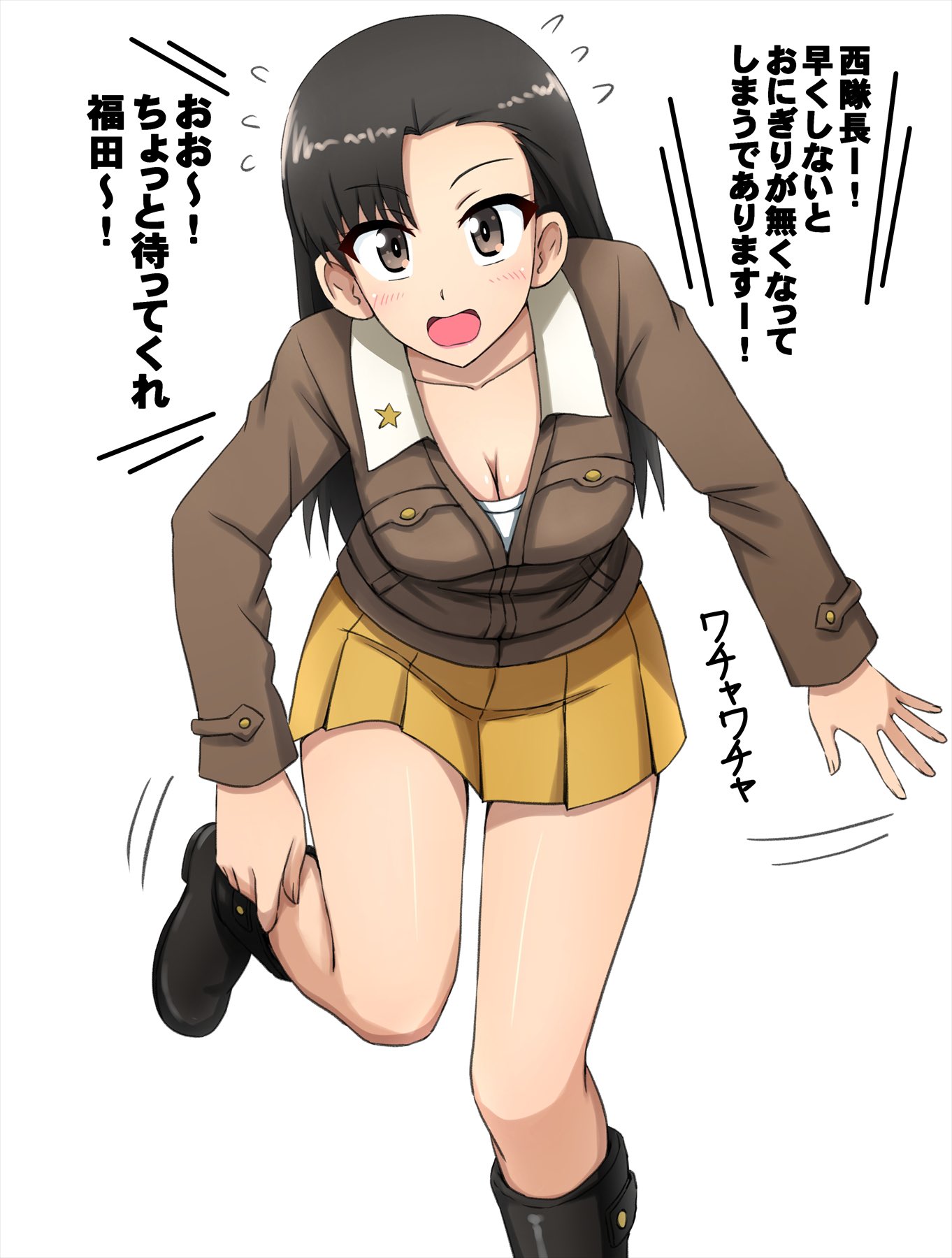 omachi (slabco), nishi kinuyo, girls und panzer, highres, translation request, 1girl, black boots, black eyes, black hair, boots, breasts, brown skirt, chi-hatan school uniform, collarbone, green jacket, jacket, large breasts, long hair, open mouth, school uniform, shirt, simple background, skirt, solo, standing, teeth, upper teeth only, white background