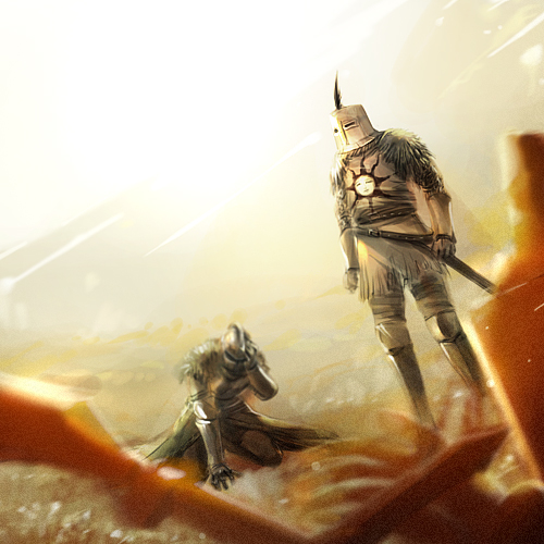 chosen undead, solaire of astora, dark souls (series), dark souls i, commentary request, lowres, 1boy, 1other, all fours, ambiguous gender, armored boots, boots, full body, gauntlets, hand on own head, helm, helmet, knight, ooshima (toddy), standing, sun print, tunic, white tunic