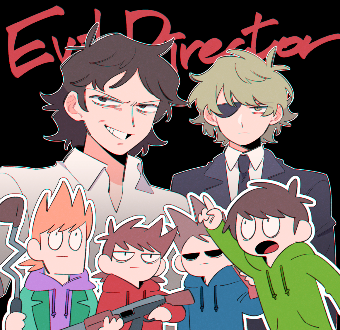 mjsc 10, edd (eddsworld), matt (eddsworld), tom (eddsworld), eddsworld, commentary request, 6+boys, :d, :|, antenna hair, bags under eyes, black background, black eyes, black jacket, blonde hair, blue hoodie, brown hair, character name, christopher bingbong (eddsworld), chromatic aberration, closed mouth, collared shirt, drawstring, eyepatch, fewer digits, green hoodie, green jacket, grin, gun, holding, holding gun, holding weapon, hollow eyes, hood, hood down, hoodie, jacket, jacket over hoodie, lapels, larry (eddsworld), long sleeves, looking at another, looking at viewer, male focus, multiple boys, notched lapels, one eye covered, open clothes, open jacket, open mouth, orange hair, outline, pointing, pointing at another, purple hoodie, red hoodie, shirt, short hair, simple background, smile, swept bangs, tongue, tord (eddsworld), upper body, upturned eyes, v-shaped eyebrows, very short hair, weapon, white outline, white shirt, yellow eyes