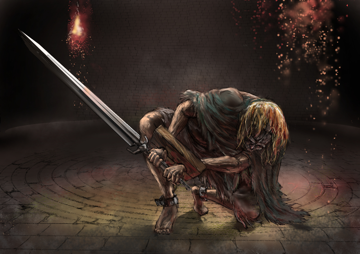 evyngr, dark souls (series), dark souls ii, commentary request, 1girl, barefoot, blonde hair, brazier, embers, fire, full body, grey robe, holding, holding sword, holding weapon, indoors, lost sinner, mask, masked, robe, solo, squatting, sword, torn clothes, torn robe, weapon
