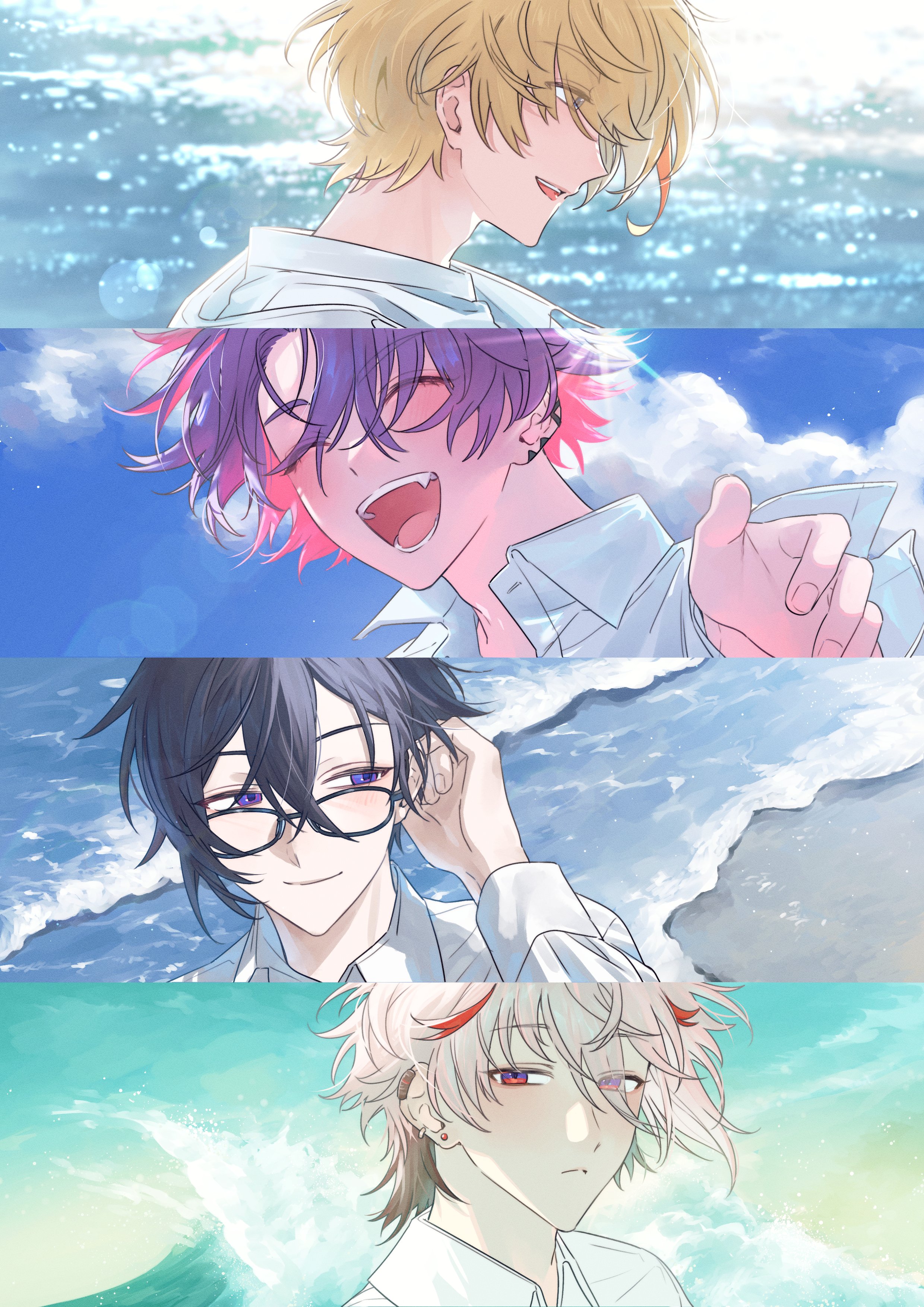 fura kanato, seraph dazzlegarden, shikinagi akira, watarai hibari, nijisanji, voltaction, absurdres, highres, 4boys, black-framed eyewear, black hair, blonde hair, blue eyes, closed mouth, cloud, collared shirt, colored inner hair, day, expressionless, facing viewer, fang, glasses, looking at viewer, looking to the side, multicolored hair, multiple boys, ocean, open mouth, outdoors, piko (ppiioo 0902), purple hair, shirt, sky, smile, streaked hair, teeth, two-tone hair, upper body, white hair, white shirt