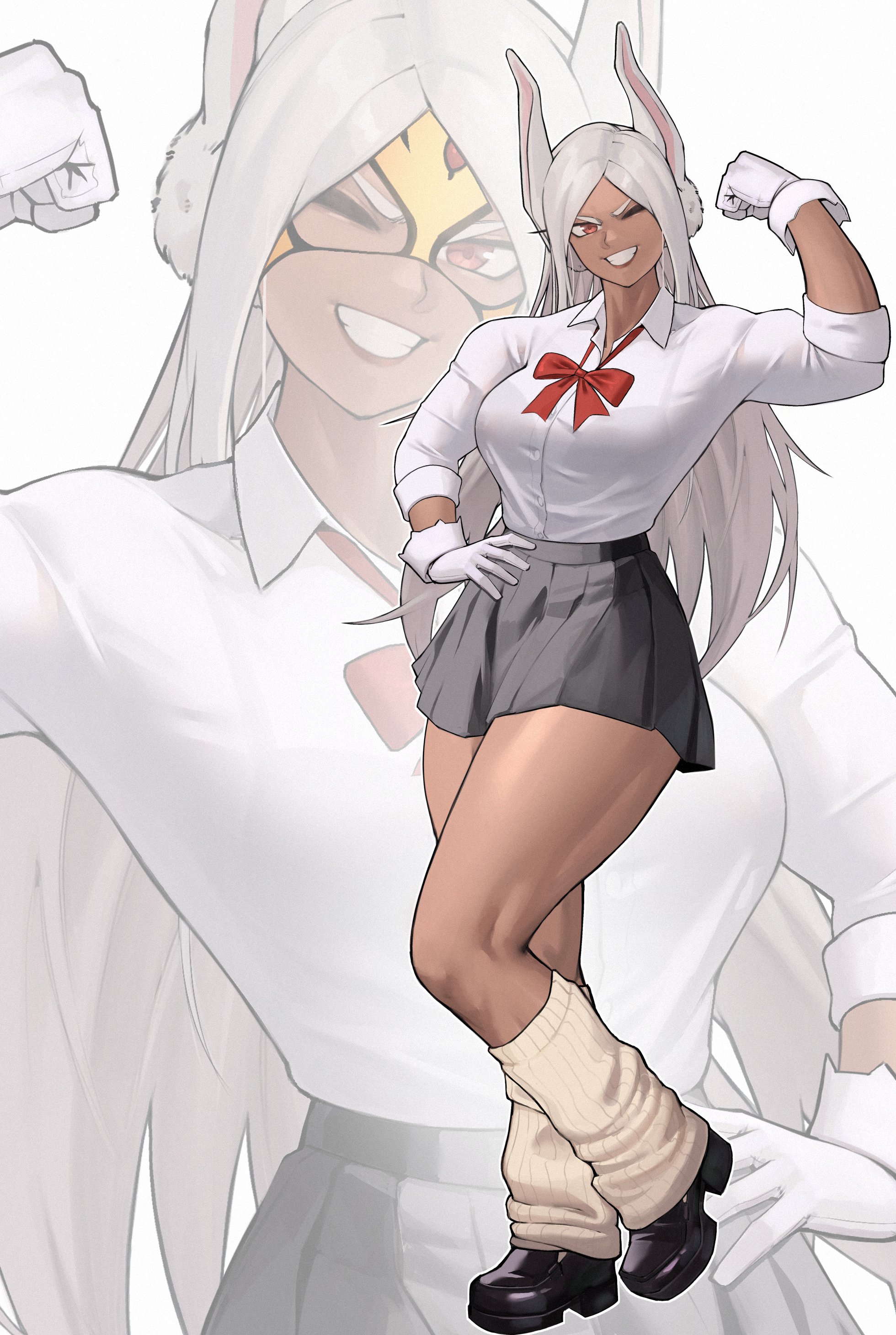 zukululuu, mirko, boku no hero academia, absurdres, commentary, english commentary, highres, 1girl, ;d, alternate costume, animal ears, arm up, black shoes, bow, bowtie, bra visible through clothes, breasts, clenched hand, collared shirt, contrapposto, dark-skinned female, dark skin, flexing, full body, gloves, grey skirt, grin, hand on own hip, large breasts, loafers, long eyelashes, long hair, looking at viewer, loose socks, luchador mask, one eye closed, open mouth, parted bangs, pleated skirt, rabbit ears, rabbit girl, red bow, red bowtie, red eyes, ribbed socks, school uniform, shirt, shirt tucked in, shoes, skirt, sleeves rolled up, smile, socks, solo, thick thighs, thighs, toned, toned female, very long hair, white gloves, white hair, white shirt, yellow mask, zoom layer