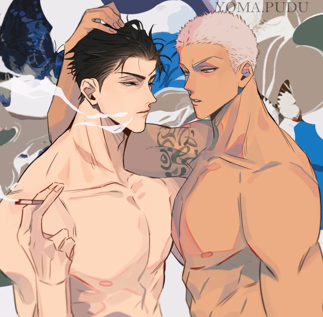 19 tian, commentary request, 2boys, arm tattoo, artist name, black hair, cigarette, closed mouth, collarbone, he cheng, holding, holding cigarette, male focus, multiple boys, nipples, nude, pectorals, qiu (19 tian), short hair, smoke, smoking, spanish commentary, tattoo, teeth, very short hair, white hair, yaoi, yomapudu