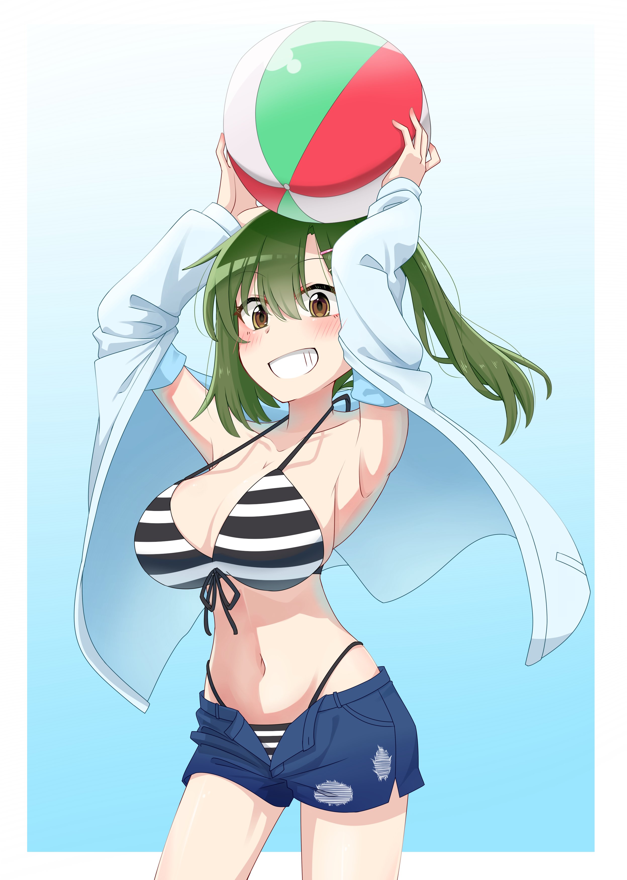tetetsu, ogami sachi, link! like! love live!, love live!, absurdres, commentary request, highres, 1girl, arm up, armpits, ball, beachball, bikini, bikini under shorts, black bikini, blue background, blue jacket, blue shorts, breasts, cleavage, collarbone, cowboy shot, front-tie bikini top, front-tie top, gradient background, green hair, hair ornament, hairclip, highleg, highleg bikini, holding, holding above head, holding ball, holding beachball, huge breasts, jacket, jacket over swimsuit, long hair, long sleeves, official alternate costume, open fly, parallel hairclips, short shorts, shorts, simple background, solo, string bikini, striped bikini, striped clothes, swimsuit