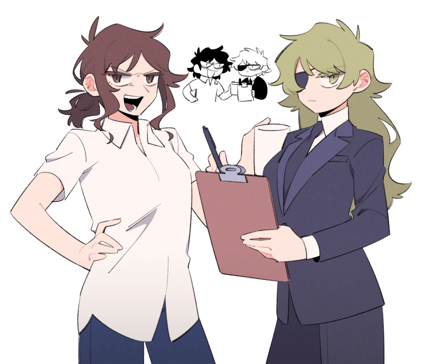 mjsc 10, eddsworld, commentary request, 2boys, 2girls, :d, antenna hair, black jacket, black mouth, black necktie, black pants, blonde hair, blue pants, breasts, brown eyes, brown hair, chibi, chibi inset, christopher bingbong (eddsworld), clipboard, closed mouth, collared shirt, cowboy shot, cup, denim, dual persona, eyepatch, film grain, frown, genderswap, genderswap (mtf), hand on own hip, hand up, holding, holding clipboard, holding cup, holding pen, jacket, jeans, larry (eddsworld), layered sleeves, long hair, long sleeves, looking at viewer, low ponytail, multiple boys, multiple girls, necktie, one eye covered, open mouth, pants, pen, ponytail, shirt, short hair, short ponytail, short sleeves, simple background, small breasts, smile, standing, swept bangs, teeth, tongue, upturned eyes, v-shaped eyebrows, white background, white shirt, yellow eyes