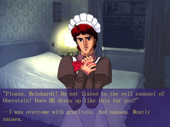 siegfried kircheis, ginga eiyuu densetsu, tsukihime, blue eyes, crossdressing, crossdressing (mtf), english text, maid, male focus, male maid, parody, red hair, solo