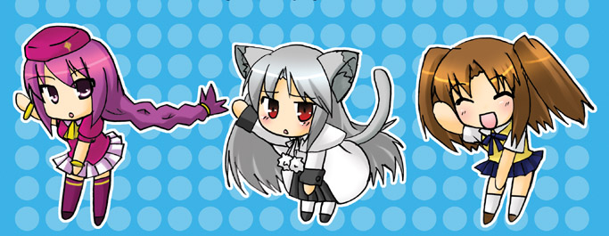 sion eltnam (type-moon), sion eltnam atlasia, white len (tsukihime), yumizuka satsuki, kodomo no jikan, melty blood, tsukihime, type-moon, purple legwear, silver hair, white legwear, 3girls, ^ ^, animal ears, bracelet, braid, brown hair, chibi, closed eyes, dancing, hat, jewelry, multiple girls, parody, pleated skirt, purple hair, skirt, socks, tail, the monkey, thighhighs, twintails, two side up