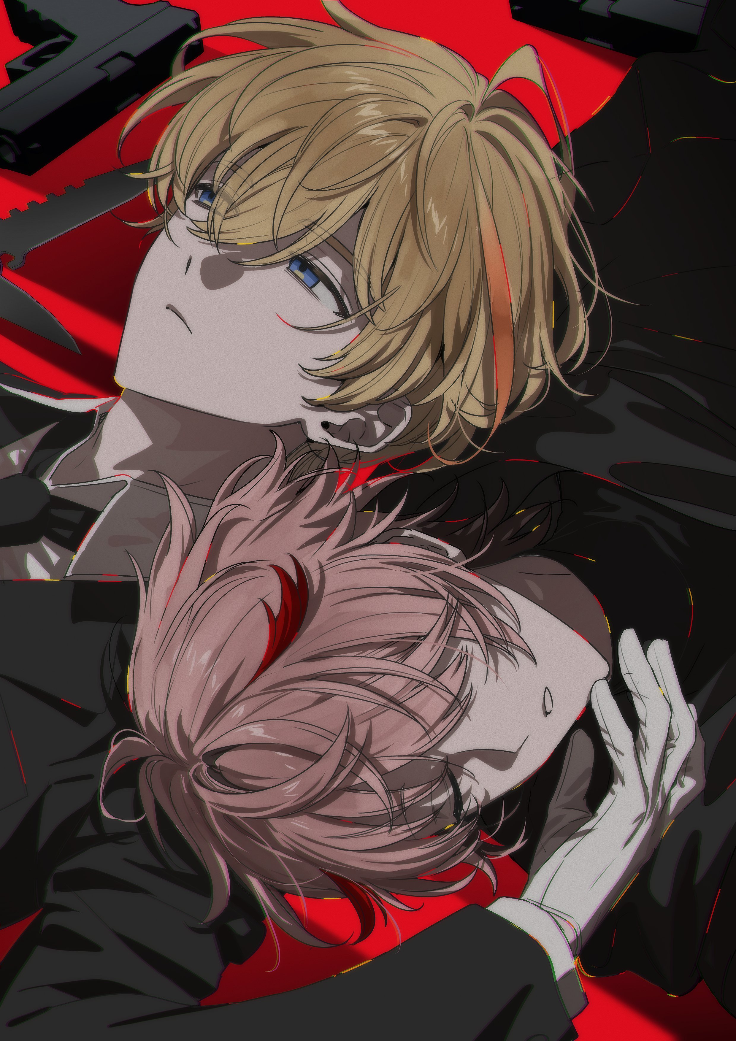 fura kanato, seraph dazzlegarden, nijisanji, absurdres, highres, 2boys, black necktie, black suit, blonde hair, closed eyes, closed mouth, expressionless, formal clothes, gloves, gun, hair between eyes, looking to the side, male focus, multicolored hair, multiple boys, necktie, piko (ppiioo 0902), pink hair, rotational symmetry, short hair, sleeping, streaked hair, suit, two-tone hair, upper body, virtual youtuber, weapon, white gloves