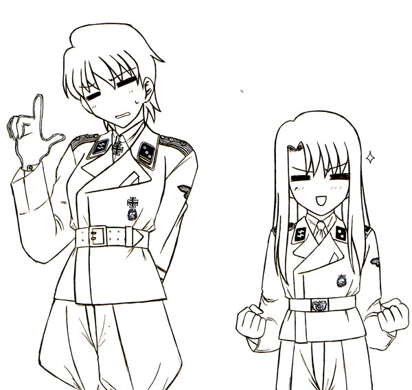 kugi miyachuu, fujimura taiga, illyasviel von einzbern, fate/stay night, fate (series), 00s, 2girls, closed eyes, greyscale, happy, height difference, long hair, military, military uniform, monochrome, multiple girls, nazi, short hair, siegrunen, ss insignia, world war ii
