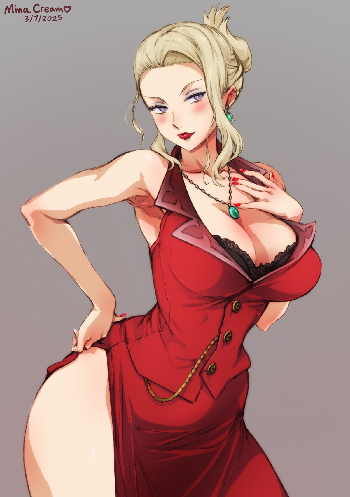 mina cream, scarlet (ff7), final fantasy, final fantasy vii, final fantasy vii rebirth, final fantasy vii remake, highres, 1girl, blonde hair, breasts, cleavage, jewelry, large breasts, long skirt, mature female, necklace, purple eyes, red lips, red skirt, red vest, skirt, smile, solo, vest