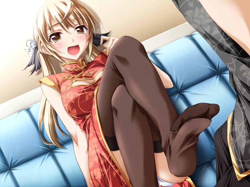 kurashima tomoyasu, tsukino mai, ashita no kimi to au tame ni, game cg, 1girl, black thighhighs, blonde hair, blue upholstery, blush, brown eyes, china dress, chinese clothes, couch, crossed legs, dress, feet, female focus, long hair, no shoes, panties, pantyshot, sitting, solo, thighhighs, toes, underwear, white panties