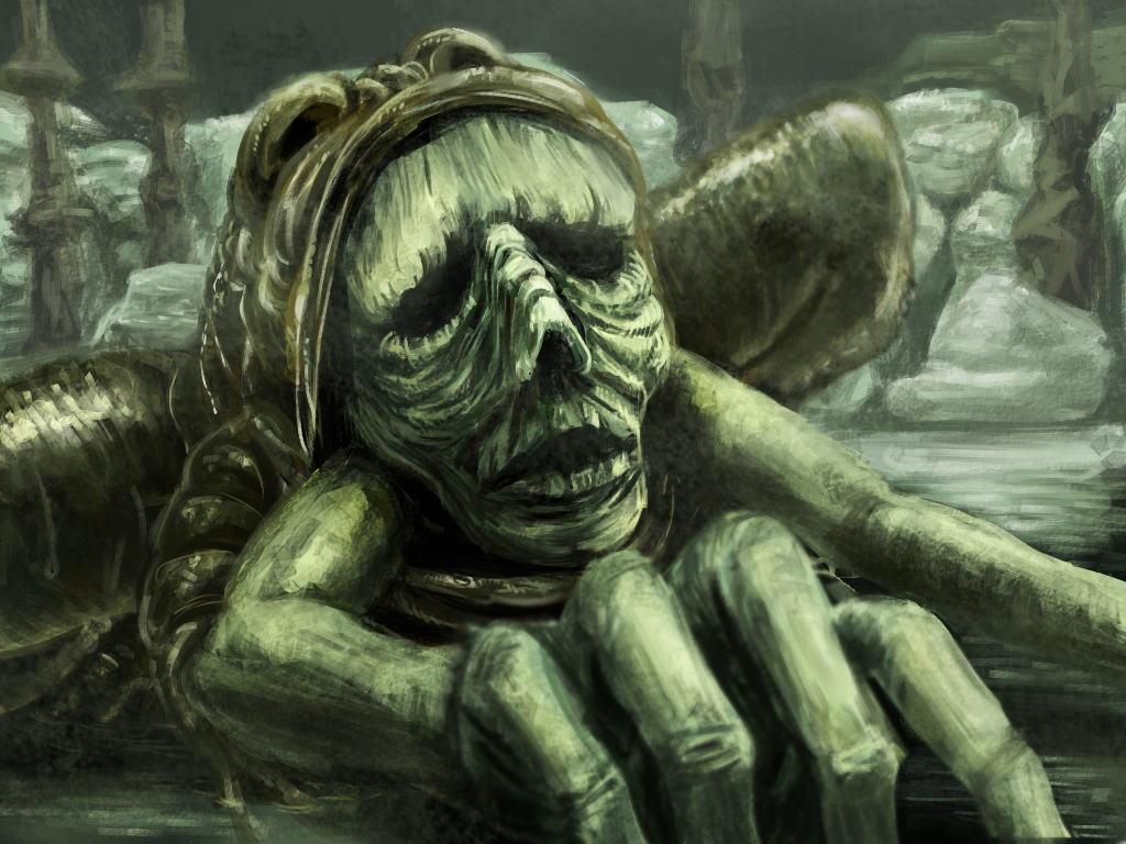 kurotake ihi, demon of song, dark souls (series), dark souls ii, commentary request, boulder, demon, frog, full body, green theme, monster, no humans, water