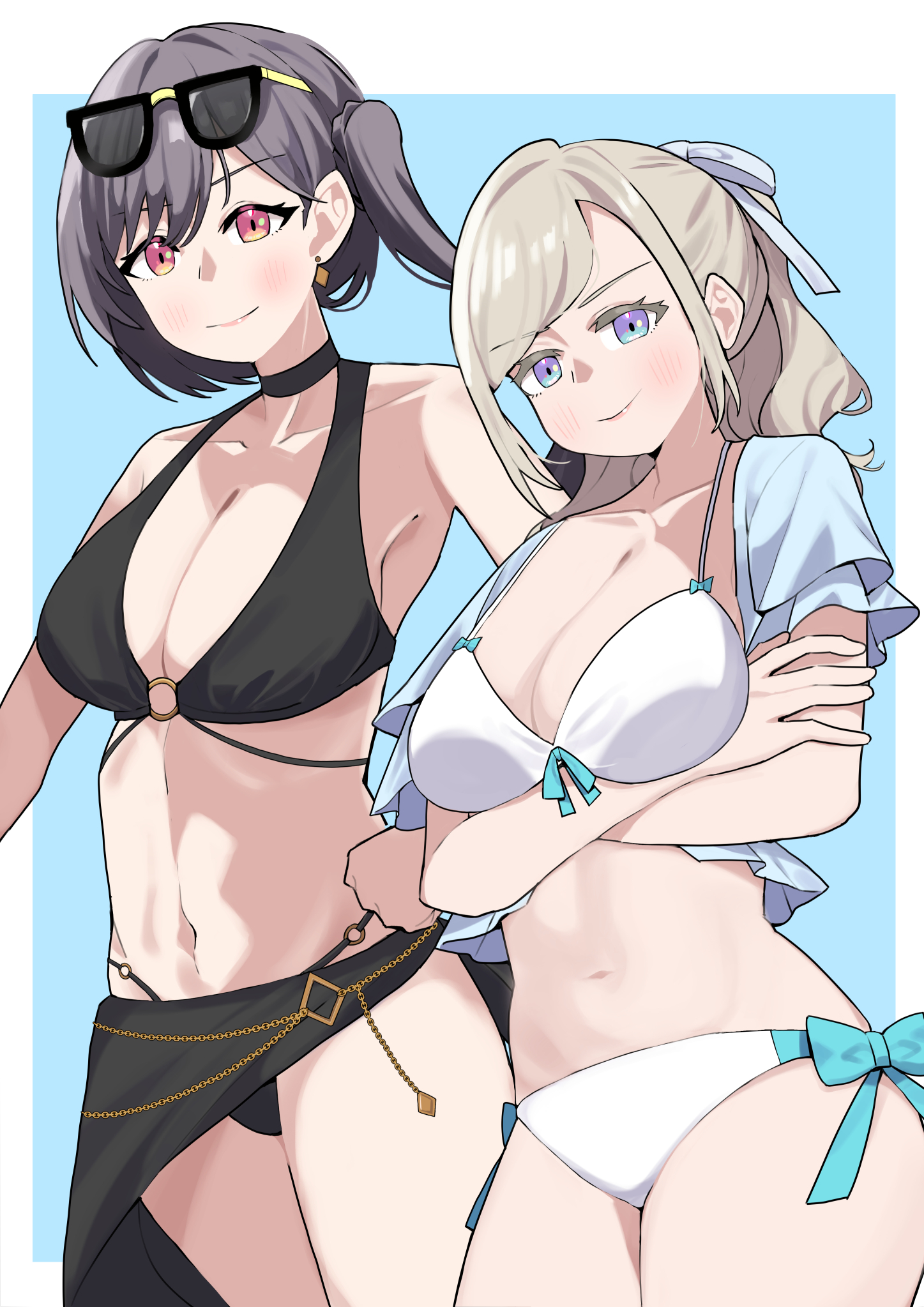 goldluck, ceras yanagida lilienfeld, ceras yanagida lilienfeld (swimsuit), katsuragi izumi, katsuragi izumi (swimsuit), link! like! love live!, love live!, commentary request, highres, 2girls, arms under breasts, bare shoulders, bikini, black bikini, black hair, black sarong, blue eyes, blue jacket, breasts, cleavage, collarbone, crossed arms, edel note, grey hair, jacket, jacket over swimsuit, large breasts, long hair, multiple girls, o-ring, o-ring bikini, o-ring bottom, o-ring top, official alternate costume, open clothes, open jacket, orange eyes, sarong, short-sleeved jacket, short sleeves, side-tie bikini bottom, side ponytail, string bikini, swimsuit, virtual youtuber, white bikini