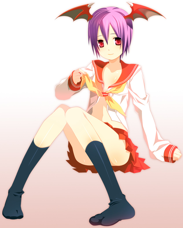 8055, lilith (darkstalkers), capcom, darkstalkers, 1girl, demon girl, feet, female focus, flat chest, head wings, neckerchief, red eyes, red skirt, school uniform, short hair, sitting, skirt, smile, socks, solo, undressing, wings, yellow neckerchief