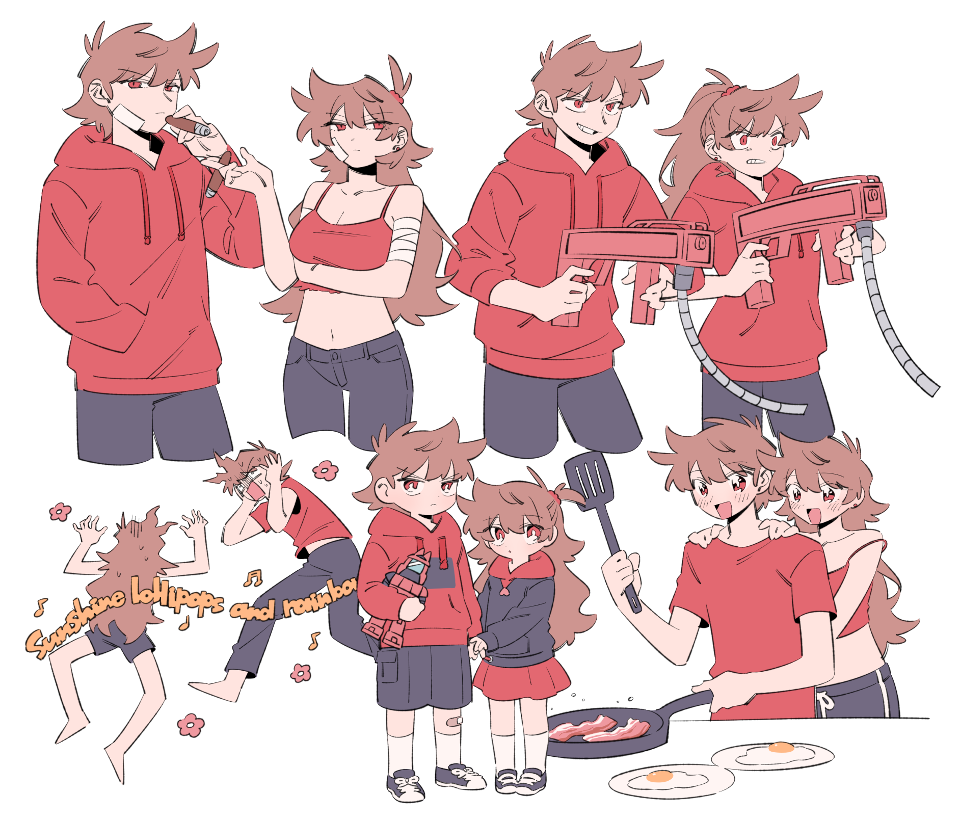 mjsc 10, eddsworld, commentary request, highres, 1boy, 1girl, :d, alternate eye color, arm under breasts, bacon, bandaged arm, bandages, bandaid, bandaid on knee, bandaid on leg, bare arms, bare legs, bare shoulders, barefoot, behind another, black hoodie, black shorts, breasts, bright pupils, brown hair, camisole, cigar, cleavage, clenched teeth, closed mouth, cropped legs, denim, double-parted bangs, dual persona, english text, flower, food, fried egg, frying pan, full body, grey pants, grin, hair between eyes, hair ornament, hair scrunchie, hand up, hands on another's shoulders, hands on own cheeks, hands on own face, holding, holding cigar, holding frying pan, holding spatula, holding toy, hood, hood down, hoodie, jeans, kneehighs, long hair, long sleeves, looking at viewer, medium breasts, midriff, miniskirt, multiple views, musical note, navel, open mouth, pants, plate, playing games, pleated skirt, pocket, ponytail, puffy long sleeves, puffy sleeves, red camisole, red eyes, red flower, red hoodie, red scrunchie, red shirt, red skirt, scrunchie, shirt, short hair, short ponytail, short sleeves, shorts, simple background, skirt, sleeves rolled up, smile, socks, spatula, standing, t-shirt, teeth, tongue, tord (eddsworld), tori (eddsworld), toy, v-shaped eyebrows, very long hair, white background, white pupils, white socks, wide-eyed