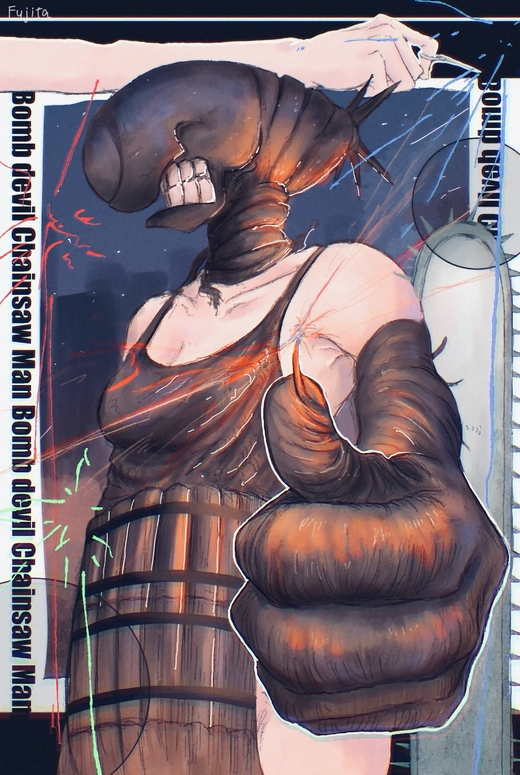 bomb devil (chainsaw man), chainsaw man, commentary request, highres, 1girl, apron, black apron, black gloves, breasts, chainsaw, character name, copyright name, dynamite, elbow gloves, explosive, fujitasan 0117, gloves, grenade pin, object head, small breasts, solo, teeth, thumbs up