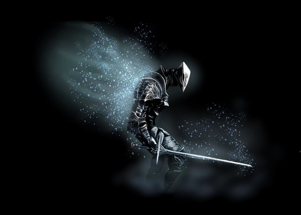dark souls (series), dark souls ii, commentary request, 1boy, armor, armored boots, black background, boots, breastplate, full body, gauntlets, helm, helmet, holding, holding sword, holding weapon, knight, loyce knight, male focus, pauldrons, profile, seru hikari, shoulder armor, simple background, snow, solo, sword, weapon