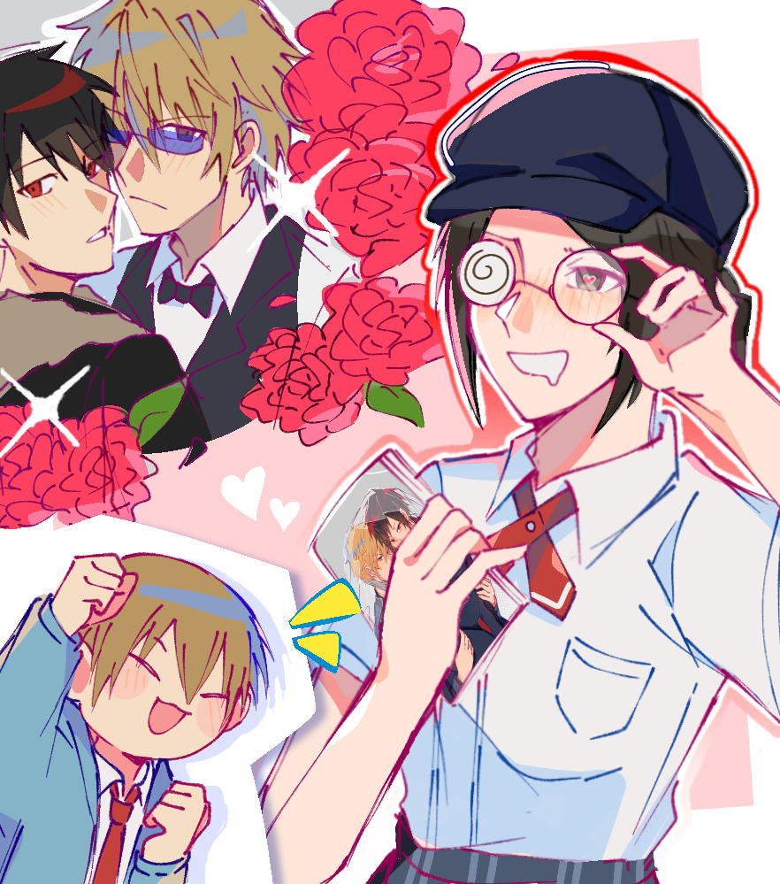 yum00m, heiwajima shizuo, karisawa erika, orihara izaya, yumasaki walker, durarara!!, commentary, 1girl, 3boys, adjusting eyewear, bartender, black hair, blonde hair, blush, bow, bowtie, brown eyes, brown hair, cheering, closed eyes, collared shirt, drooling, flower, fujoshi, glasses, hair bun, hat, heart, heart-shaped pupils, imagining, implied yaoi, jacket, manga (object), multiple boys, necktie, open mouth, pornography, red eyes, red flower, red rose, rose, school uniform, shirt, short hair, sparkle, sunglasses, symbol-shaped pupils, tuxedo, upper body, yaoi (object)