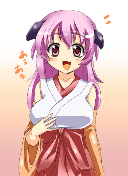 kanae arisu, hanyuu, higurashi no naku koro ni, 00s, 1girl, breasts, detached sleeves, female focus, hakama, hakama skirt, horns, japanese clothes, large breasts, long hair, miko, purple eyes, purple hair, red hakama, skirt, solo