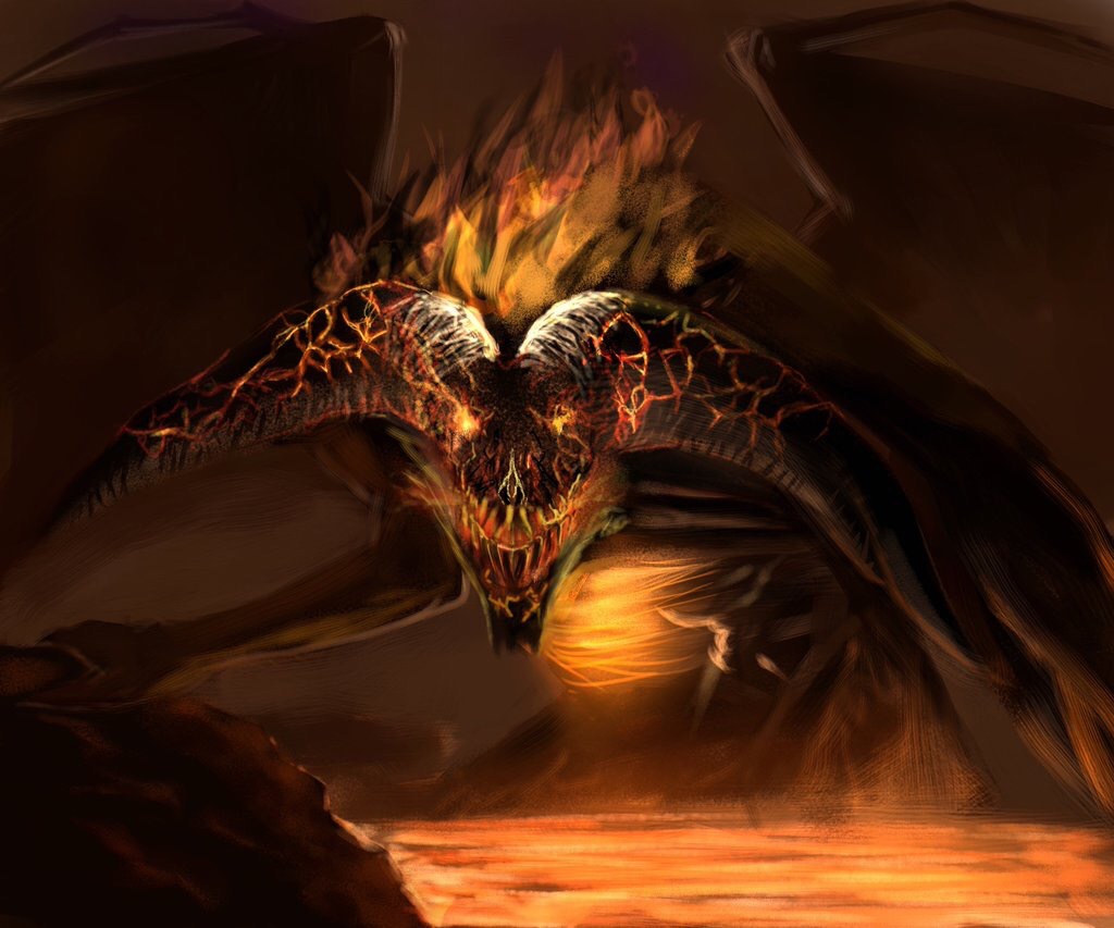 dark souls (series), dark souls ii, commentary request, demon, fire, glowing, glowing eyes, lava, looking at viewer, monster, no humans, old iron king, seru hikari, sharp teeth, teeth, upper body