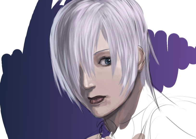 ryu (gaquarium), isabella valentine, soul calibur, silver hair, unfinished, 1girl, blue eyes, female focus, hair over one eye, short hair, sketch, solo