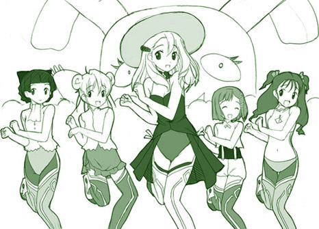aeru (simoun), floe (simoun), frankenplush (simoun), limone (simoun), mamiina (simoun), yun (simoun), seto no hanayome, simoun, lowres, 5girls, ^ ^, child, closed eyes, dancing, double bun, dress, green theme, hair bun, hair ornament, happy, lineup, long hair, monochrome, multiple girls, parody, short hair, short twintails, smile, standing, standing on one leg, stuffed animal, stuffed toy, thighhighs, twintails, zettai ryouiki