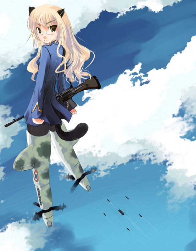 ooka (skavler), perrine h. clostermann, strike witches, world witches series, 00s, 1girl, animal ears, blonde hair, cat ears, cat tail, female focus, glasses, long hair, pantyhose, solo, striker unit, tail