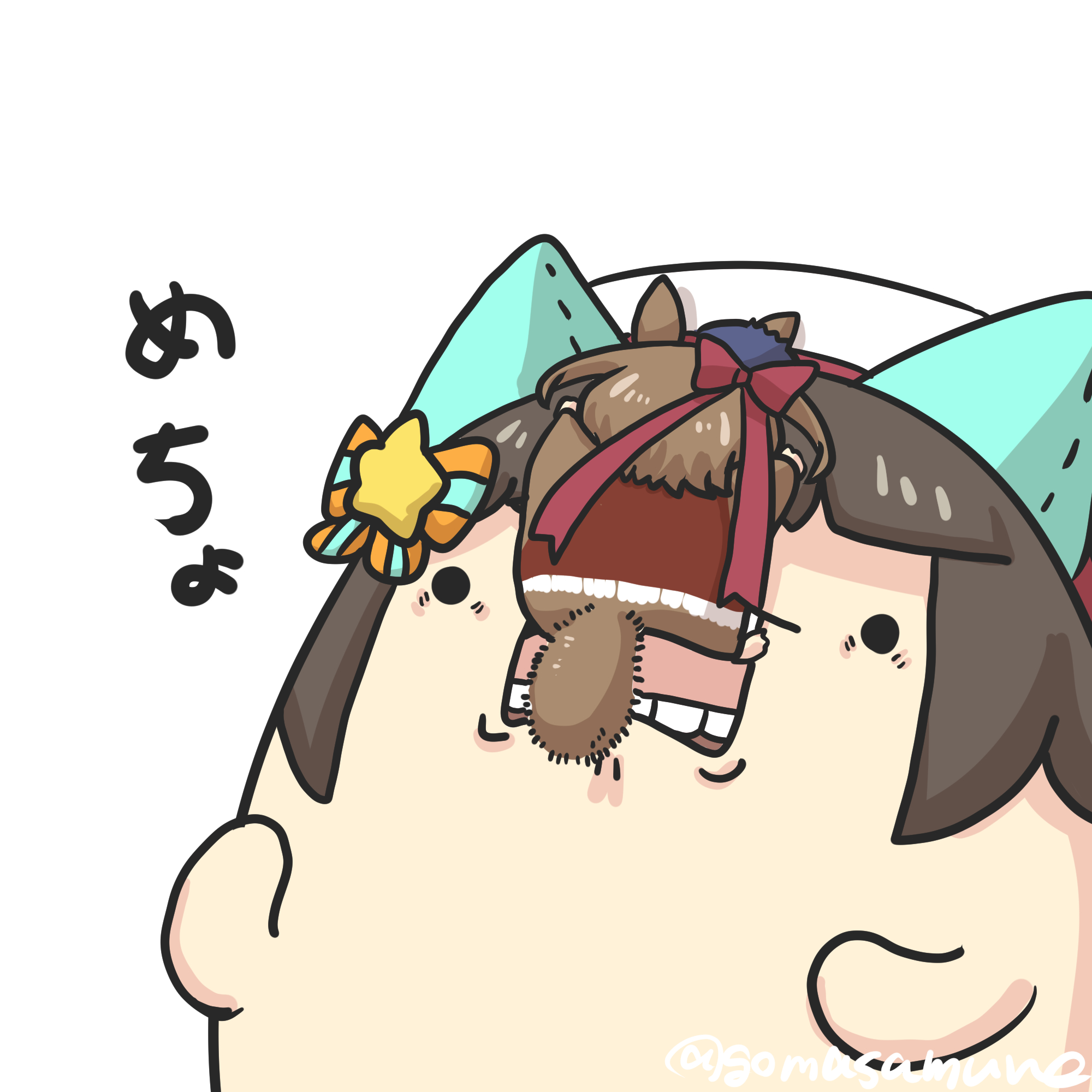goma (gomasamune), hokko tarumae (umamusume), matikanetannhauser (umamusume), umamusume, highres, translation request, animal, animal ears, animalization, beret, blue hat, bow, brown hair, ears through headwear, flying squirrel, hair bow, hair ornament, hat, hat bow, horse ears, long hair, open mouth, red bow, simple background, solid circle eyes, squirrel, star (symbol), star hair ornament, striped bow, twitter username, white background, white hat