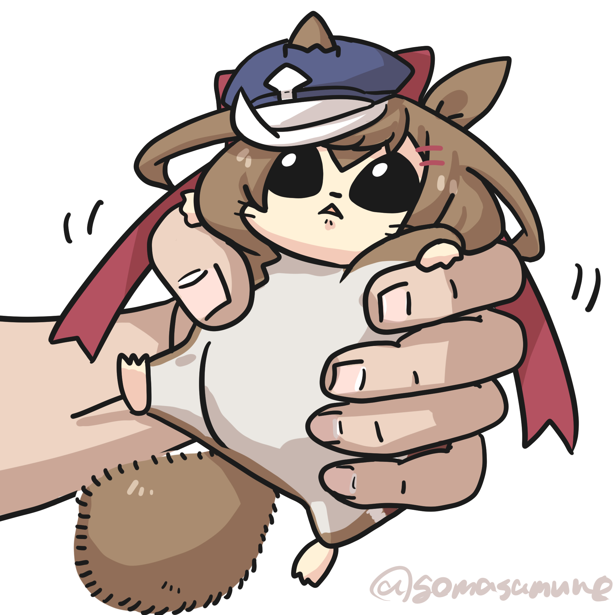 goma (gomasamune), matikanetannhauser (umamusume), umamusume, highres, 1other, :<, animal, animal ears, animalization, blue hat, brown hair, ears through headwear, flying squirrel, hair between eyes, hair ornament, hairclip, hat, holding, holding animal, horse ears, motion lines, newsboy cap, parted lips, simple background, solo focus, squirrel, twitter username, white background