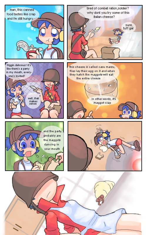captain (artist), captain (drawfag), red scout (tf2), red soldier (tf2), scout (tf2), soldier (tf2), 4chan, team fortress 2, 2girls, apron, bad food, bandaged hand, blue eyes, blue hair, bread, buruma, cheese, comic, food, genderswap, genderswap (mtf), gym uniform, helmet, multiple girls, sandwich