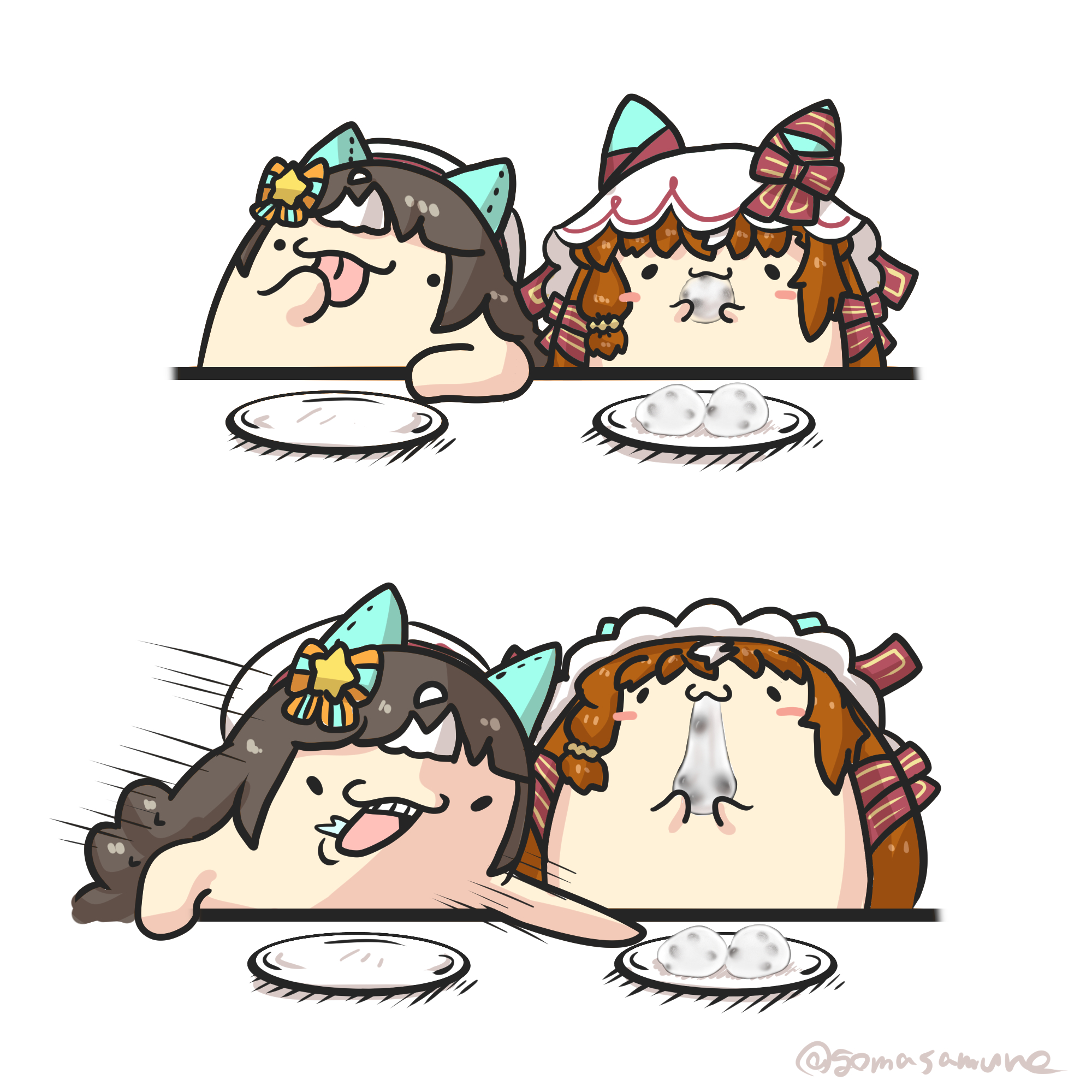 goma (gomasamune), hokko tarumae (umamusume), still in love (umamusume), umamusume, food request, highres, animal ears, beret, bow, braid, brown hair, closed mouth, ears through headwear, eating, food, hair bow, hair ornament, hat, holding, holding food, horse ears, licking, long hair, motion lines, multicolored hair, plate, saliva, shadow, speed lines, star (symbol), star hair ornament, striped bow, tongue, tongue out, twitter username, two-tone hair, veil, white background, white hair, white hat