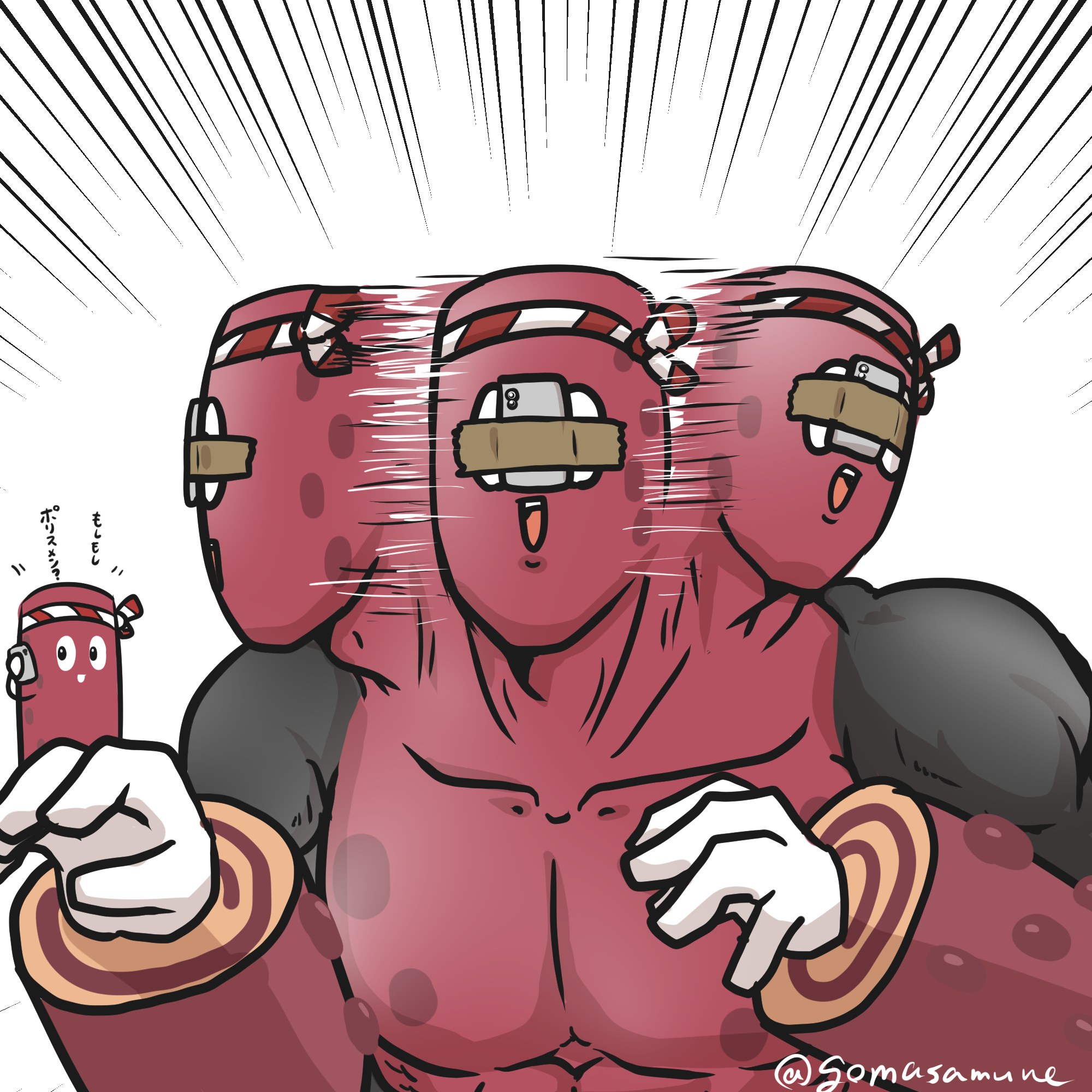 goma (gomasamune), geronimo (kinnikuman), kinnikuman, original, highres, translation request, 1boy, :d, abs, afterimage, cellphone, collarbone, emphasis lines, gloves, motion lines, open mouth, phone, simple background, smile, solo focus, speed lines, tape, twitter username, white background, white gloves