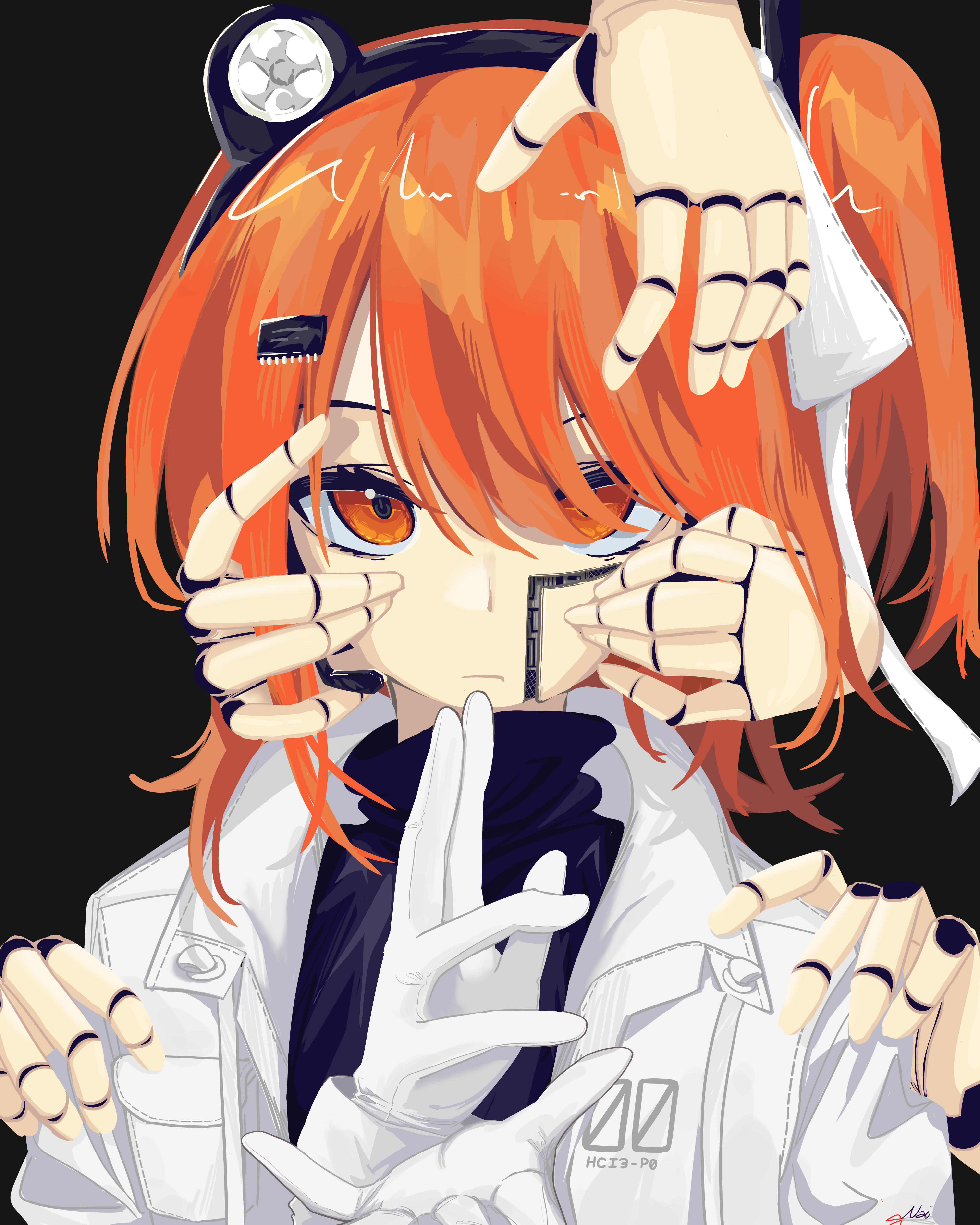 natsuzusakii, adachi rei, a.i. voice, utau, absurdres, commentary, english commentary, highres, 1girl, android, black background, black shirt, closed mouth, gloves, hair between eyes, hair ornament, headlamp, headset, jacket, long sleeves, looking at viewer, mechabare, mechanical hands, medium hair, one side up, open clothes, open jacket, orange eyes, orange hair, power symbol-shaped pupils, shirt, signature, simple background, solo, symbol-shaped pupils, turtleneck, turtleneck shirt, upper body, white gloves, white jacket